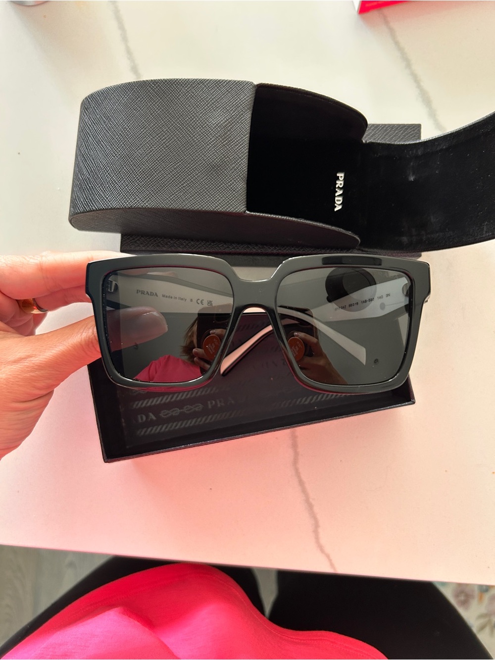 Prada Women’s Black Square Frame Swim Sunglasses with Dark Gray Lenses